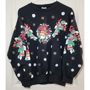 1990s Ugly Christmas Sweatshirt Hand Painted Bells Snowflakes [Med]